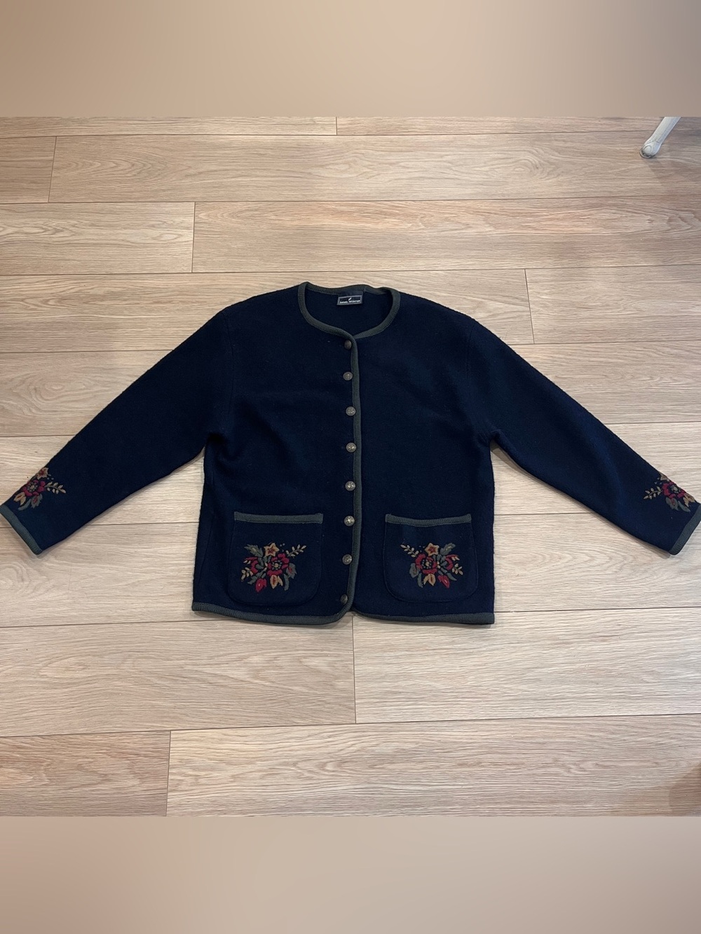 Daniel Hechter 100% Wool Navy Floral Embroidered Cardigan Jacket